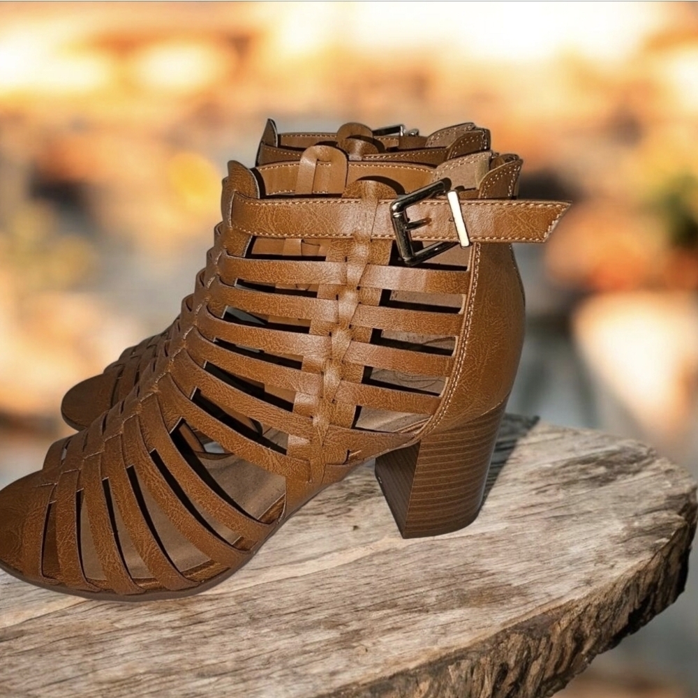 Delicious Tan Strappy Heeled Booties
